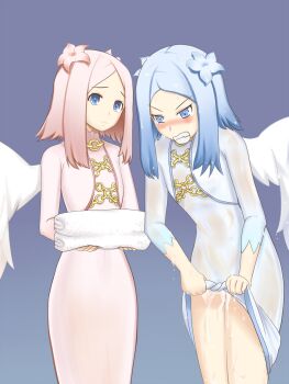 2girls angel_wings angry ar_tonelico ar_tonelico_iii battlegaregga blue_eyes blue_hair blush clenched_teeth clothes dress flower gust hair_flower hair_ornament harvestasya_vista harvestasya_xp highres multiple_girls pink_hair see-through_clothes sidelocks smile tears teeth towel wet wet_clothes wet_dress wings wringing_clothes