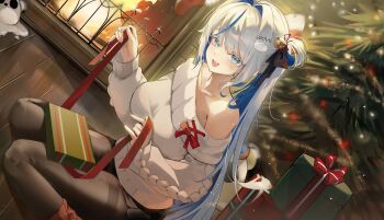 1girl aokumo_rin bell black_pantyhose black_ribbon blue_eyes blue_hair bow bowtie box christmas christmas_lights christmas_stocking christmas_tree cloud_hair_ornament collarbone fireplace gakincho02 gift gift_box hair_bell hair_ornament hair_ribbon highres indoors kurimi_(aokumo_rin) long_hair multicolored_hair off-shoulder_sweater off_shoulder open_mouth pantyhose red_bow red_bowtie red_ribbon ribbon side_ponytail single_off_shoulder sitting stellive streaked_hair sweater virtual_youtuber wariza white_hair white_sweater