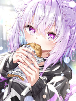 1girl animal_ear_fluff animal_ears black_collar black_hoodie blue_hair blush cat_ears cat_girl closed_mouth collar colored_inner_hair commentary fang food highres holding holding_food hololive hood hoodie looking_at_viewer medium_hair multicolored_hair nekomata_okayu nekomata_okayu_(1st_costume) purple_eyes purple_hair smile solo taiyaki u_da_desu virtual_youtuber wagashi