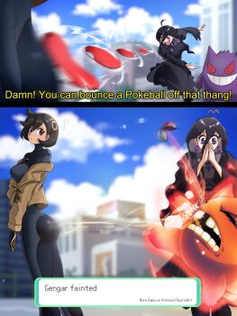 ! 1other 2girls ? black_dress black_eyes black_hair breasts city closed_mouth dress earrings emma_(pokemon) falling gameplay_mechanics gen_1_pokemon gengar grin hair_between_eyes hex_maniac_(pokemon) hex_maniac_(pokemon_legends:_z-a) highres injury instrument jewelry juliet_sleeves long_hair long_sleeves looking_at_another looking_at_viewer motion_blur motion_lines multiple_girls neck_ribbon nintendo opalis open_mouth poke_ball poke_ball_(basic) pokemon pokemon_legends:_z-a puffy_sleeves pun purple_ribbon ribbon smile surprised violin what
