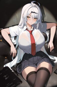1girl :/ alternate_costume bag black_skirt black_thighhighs blush bra bra_visible_through_clothes breasts cellphone chalkboard commentary_request couch crossed_legs gaitoou highres large_breasts long_hair necktie on_couch paid_reward_available phone pleated_skirt red_necktie school_bag school_uniform shirt shirt_tucked_in skirt smartphone solo thighhighs underwear white_hair white_shirt yellow_eyes yixuan_(zenless_zone_zero) zenless_zone_zero