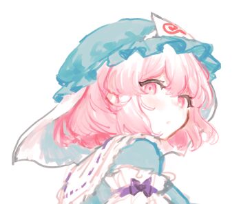 1girl :o blue_kimono blush frills hair_between_eyes hat japanese_clothes kimono looking_at_viewer looking_back medium_hair mob_cap natucurage pink_eyes pink_hair saigyouji_yuyuko solo touhou veil wavy_hair white_background