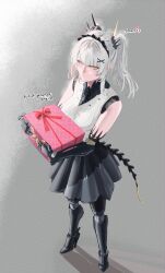 Rule 34 | 1girl, absurdres, black skirt, blush, bow, commentary, english commentary, english text, gift, grey hair, hair ornament, highres, holding, holding gift, joints, karenina: scire (maleficent) (punishing: gray raven), karenina (punishing: gray raven), long hair, mairu (user 2757), mechanical arms, mechanical legs, mechanical parts, mechanical tail, orange eyes, punishing: gray raven, red bow, shirt, skirt, solo, tail, tsundere, twintails, white shirt, x hair ornament