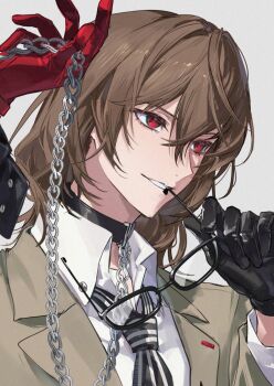 Rule 34 | 1boy, akechi gorou, asymmetrical gloves, black gloves, brown hair, chain, collared shirt, crossed bangs, doran (doran7280), gloves, grin, hands up, highres, holding, holding removed eyewear, male focus, medium hair, mismatched gloves, persona, persona 5, red eyes, red gloves, shirt, simple background, smile, solo, teeth, unworn eyewear, upper body, white background, white shirt