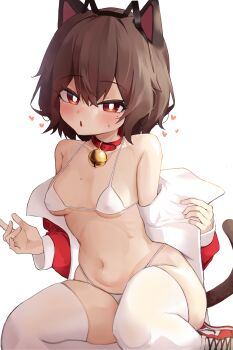 1girl absurdres air_jordan_1 animal_collar animal_ear_hairband animal_ears bare_shoulders bell belt_collar bikini blush breasts bright_pupils brown_hair brown_tail cat_ear_hairband cat_ears cat_tail collar commission cowboy_shot embarrassed eyes_visible_through_hair fake_animal_ears hair_between_eyes hairband half-closed_eyes heart highleg highleg_bikini highres jacket jingle_bell looking_at_viewer loving_aura medium_hair mole mole_on_breast mole_under_eye mr_kimbanjang navel neck_bell off_shoulder original paw_pose prunechi red_collar red_eyes red_jacket red_shoes shoes simple_background sitting small_breasts sneakers solo stomach sweatdrop swimsuit tail thick_thighs thighhighs thighs white_background white_bikini white_pupils white_thighhighs yokozuwari