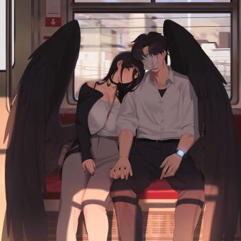 1boy 1girl absurdres bad_id bad_twitter_id black_hair black_jacket black_pants black_wings blue_archive breasts choker cleavage closed_eyes collarbone ddog doodle_sensei_(blue_archive) grey_pants hair_between_eyes hasumi_(blue_archive) highres holding_hands huge_breasts intentionally_missing_halo interlocked_fingers jacket leaning_on_person long_hair missing_halo pants sensei_(blue_archive) shirt short_hair sleeping sleeves_rolled_up white_shirt wings