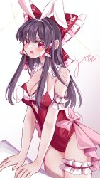 Rule 34 | 1girl, absurdres, alternate costume, animal ears, blush, bow, breasts, bridal garter, brown hair, cleavage, commentary request, detached collar, fake animal ears, fake tail, frilled bow, frilled hair tubes, frills, hair bow, hair tubes, hakurei reimu, highres, leotard, long hair, looking at viewer, mito (fate), open mouth, pink bow, playboy bunny, rabbit ears, rabbit tail, red bow, red eyes, red leotard, signature, solo, strapless, strapless leotard, sweatdrop, tail, touhou