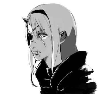 Rule 34 | 1girl, akemi homura, artist request, cosplay, female focus, greyscale, long hair, mahou shoujo madoka magica, mahou shoujo madoka magica (anime), metal gear (series), metal gear solid v: the phantom pain, monochrome, solo, venom snake, venom snake (cosplay)