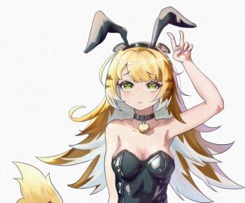 13046073196 1girl :&lt; alternate_breast_size_(larger) animal_collar animal_ear_fluff animal_ear_hairband animal_ears arm_behind_back arm_up armpits bare_shoulders black_choker black_collar black_leotard blonde_hair breasts choker collar collar_bell colored_inner_hair cropped dot_nose fake_animal_ears furrowed_brow green_eyes hairband ju_fufu leotard long_hair looking_at_viewer looking_up medium_breasts multicolored_hair playboy_bunny rabbit_ears simple_background solo tail tiger_ears tiger_girl tiger_tail v very_long_hair white_background zenless_zone_zero