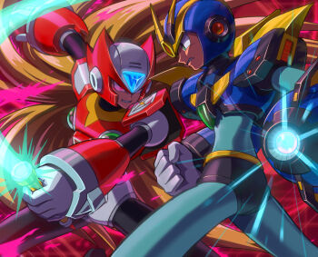 2boys android arm_cannon arm_up armor aura blonde_hair blue_armor blue_bodysuit blue_helmet bodysuit clenched_hand commentary cowboy_shot dark_persona duel energy_sword english_commentary evil_grin evil_smile floating_hair forehead_jewel from_side gloves glowing green_eyes grin helmet holding holding_sword holding_weapon hoshi_mikan long_hair looking_at_another male_focus mega_man_(series) mega_man_x5 mega_man_x_(series) multiple_boys parted_lips red_armor red_background red_eyes red_helmet robot_ears shoulder_armor smile sword ultimate_armor_x_(mega_man) very_long_hair weapon white_gloves x_(mega_man) z_saber zero_(mega_man)