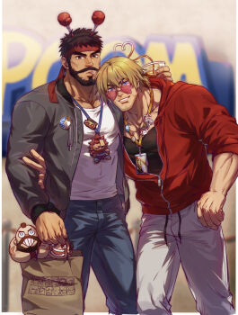 Rule 34 | 2boys, akuma (street fighter), alternate costume, arm around waist, badge, bag, beard, beard stubble, black hair, black jacket, black shirt, blonde hair, blue eyes, blue pants, blurry, blurry background, brown eyes, button badge, character charm, character doll, charm (object), crazy straw, denim, doll, drinking straw, e. honda, facial hair, fake horns, forked eyebrows, graffiti, grin, headband, heart, heart-shaped eyewear, heart straw, highres, holding, holding bag, hood, hood down, hooded jacket, horns, jacket, jeans, ken masters, lanyard, male focus, medium hair, melting heart, multiple boys, muscular, muscular male, pants, paper bag, ponytail, red-tinted eyewear, red headband, red jacket, ryu (street fighter), shirt, short hair, short ponytail, sleeves rolled up, smile, street fighter, stubble, thick eyebrows, tinted eyewear, track pants, v, white pants, white shirt, yuiofire, zangief