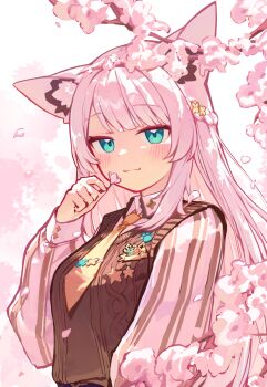 1girl absurdres alternate_hair_color animal_ears aqua_eyes blush breasts brown_necktie brown_sweater cherry_blossoms closed_mouth collared_shirt commentary deaver flower fox_ears fox_girl highres holding holding_flower hololive long_hair long_sleeves looking_at_viewer necktie paw_ornament pink_flower pink_hair pink_shirt shirakami_fubuki shirakami_fubuki_(11th_costume) shirt smile solo striped_clothes striped_shirt sweater tie_clip virtual_youtuber