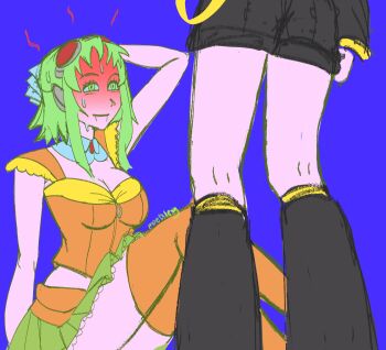 Rule 34 | 2girls, belt, black leg warmers, black shorts, blue background, blush, breasts, cleavage, full-face blush, green eyes, green hair, green trim, gumi, hand on own head, hatsuno, kagamine rin, large breasts, leg warmers, medium hair, multiple girls, open mouth, orange shirt, orange skirt, orange thighhighs, out of frame, shirt, shorts, sidelocks, signature, simple background, skirt, thighhighs, vocaloid, yellow belt, yellow trim