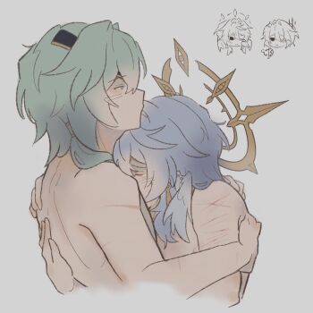 Rule 34 | 2boys, 4halovian, anaxa (honkai: star rail), blue eyes, closed eyes, closed mouth, commentary, covered mouth, crying, earrings, english commentary, eyepatch, feathered wings, gold earrings, green hair, grey hair, hair between eyes, half-closed eye, halo, halo behind head, hand on another's back, head wings, highres, honkai: star rail, honkai (series), hug, jewelry, long hair, looking at another, low ponytail, male focus, multicolored eyes, multiple boys, one eye closed, piercing, ponytail, purple eyes, scar, short hair, sidelocks, sunday (honkai: star rail), tearing up, upper body, wing piercing, wings, yaoi