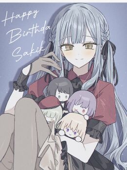 Rule 34 | 1girl, amoris (bang dream!), bang dream!, bang dream! it's mygo!!!!!, black ribbon, black skirt, blue background, blue hair, blush, braid, character doll, character name, closed mouth, commentary, doll, doloris (bang dream!), gloves, grey gloves, grey pantyhose, hair ribbon, hand up, happy birthday, hashtag-only commentary, highres, long hair, looking at viewer, misumi uika, mortis (bang dream!), mortis (costume) (bang dream!), oblivionis (bang dream!), pantyhose, puffy short sleeves, puffy sleeves, red shirt, ribbon, shirt, short sleeves, sidelocks, skirt, timoris (bang dream!), togawa sakiko, uis410, untranslatable commentary, wakaba mutsumi, yahata umiri, yellow eyes, yuutenji nyamu