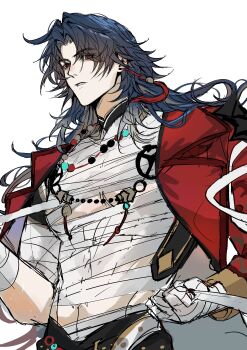 Rule 34 | 1boy, absurdres, bandaged chest, bandaged torso, beads, belt, blade (elation) (honkai: star rail), blade (honkai: star rail), blue hair, collar, double-parted bangs, earrings, hashtag-only commentary, highres, honkai: star rail, honkai (series), jacket, jewelry, lemonaderiinnn, long hair, male focus, necklace, red eyes, red jacket, single earring, tassel, toned, toned male, very long hair, white background