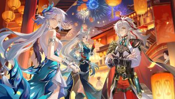 Rule 34 | 1boy, 2girls, animal ears, aqua dress, asymmetrical gloves, bare shoulders, black boots, black gloves, boots, bracelet, chinese commentary, closed mouth, commentary request, dress, feixiao (honkai: star rail), fireworks, fox ears, fox girl, gloves, grey hair, hand on own hip, hand up, highres, honkai: star rail, honkai (series), jewelry, jing yuan, long hair, looking at viewer, mismatched gloves, multiple girls, parted lips, partially fingerless gloves, peacock feathers hair ornament, red gloves, sleeveless, sleeveless dress, smile, standing, very long hair, white dress, xuanjilingzhu, yao guang (honkai: star rail)