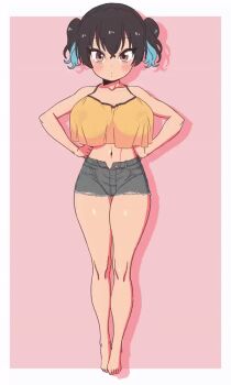 1girl animated animated_gif barefoot black_hair blue_hair bouncing_breasts breasts brown_eyes crop_top crop_top_overhang dancing denim denim_shorts fujii_shingo full_body gaki_kyonyuu hands_on_own_hips heart_pasties large_breasts looking_at_viewer multicolored_hair navel oppai_loli pasties pink_background sasaki_kanna see-through_clothes short_twintails shorts solo tagme twintails two-tone_hair underboob