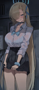 1girl absurdres asuna_(blue_archive) asuna_(school_uniform)_(blue_archive) black_skirt blonde_hair blue_archive blue_bow blue_bowtie blue_bra blue_eyes blue_halo blush bow bowtie bra bra_visible_through_clothes breasts choker collarbone drying drying_clothes grin hair_over_one_eye hair_ribbon halo highres large_breasts long_hair looking_at_viewer pipi_ya pleated_skirt ribbon scrunchie see-through_cleavage see-through_clothes see-through_shirt shirt skirt sleeves_rolled_up smile solo thighs underwear very_long_hair wet wet_clothes wet_shirt white_shirt wrist_scrunchie