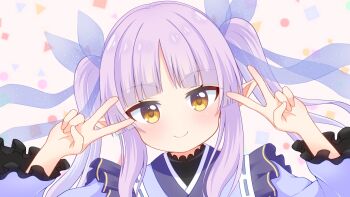 1girl beenyan_1203 bow circle double_v hair_bow highres japanese_clothes kimono kyoka_(princess_connect!) long_hair pointy_ears princess_connect! purple_hair sidelocks smile solo square triangle twintails v yellow_eyes