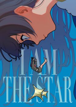 1girl absurdres barefoot black_hair blue_background blue_eyes blue_jacket bow bowtie character_background closed_mouth collared_shirt commentary_request covered_face crown_hair_ornament english_text falling fur-trimmed_jacket fur_trim grey_jacket grey_skirt hair_ornament hairclip hands_up highres jacket kagura_hikari legs_up lips long_hair looking_down multiple_views outstretched_arms pleated_skirt profile projected_inset red_bow red_bowtie sato_no_sachi school_uniform seishou_music_academy_uniform shirt shirt_tucked_in shoujo_kageki_revue_starlight skirt sparkle_hair_ornament text_background unworn_hair_ornament unworn_hairclip white_shirt