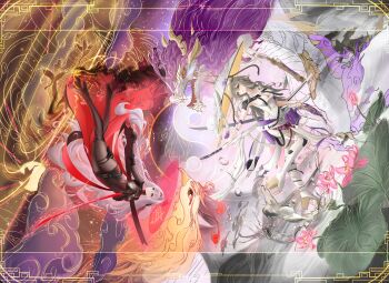 2girls absurdres armor armored_bodysuit bird black_bodysuit bodysuit breasts character_name cleavage clothing_cutout copyright_name dragon eastern_dragon flower goddess_of_victory:_nikke grey_bodysuit grey_hair halo hat highres holding holding_sword holding_weapon japanese_armor jingasa kote large_breasts large_hat leotard long_hair medium_breasts multiple_girls phoenix purple_theme red_eyes red_theme ronal_1710 rose_(nikke) scarlet_(nikke) sheath sheathed shoulder_armor sode sword very_long_hair weapon white_bodysuit white_leotard yellow_eyes