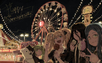 Rule 34 | 1boy, 3girls, absurdres, akamatsu kaede, amusement park, anniversary, bear hair ornament, black hair, black shirt, blonde hair, blue eyes, blue hair, bow, candy apple, character-themed food, character doll, closed mouth, collarbone, commentary, cotton candy, danganronpa: trigger happy havoc, danganronpa (series), danganronpa 2: goodbye despair, danganronpa another episode: ultra despair girls, danganronpa v3: killing harmony, doll, english commentary, english text, enoshima junko, eyelashes, ferris wheel, fingernails, food, food stand, green eyes, green hair, hair ornament, highres, holding, holding candy apple, holding cotton candy, holding food, index finger raised, kamukura izuru, lamppost, long hair, long sleeves, monokuma, monomi (danganronpa), multiple girls, night, open mouth, shirogane tsumugi, shirt, short sleeves, sky, smile, spoilers, star (symbol), suukiii, teeth, towa monaca, twintails, upper teeth only, v