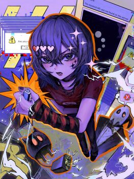 1girl absurdres black_choker black_pants black_shoes blush breasts chain chain_necklace choker commentary detached_sleeves electricity english_commentary english_text error_message eyelashes facial_mark from_above full_body hair_between_eyes hand_on_own_hip heart highres holding jewelry looking_at_viewer lower_teeth_only lui_n24 medium_hair necklace open_mouth original pants print_shirt purple_eyes purple_hair purple_nails red_shirt shirt shoes short_sleeves single_sleeve small_breasts solo sparkle sparkling_aura standing star_(symbol) star_facial_mark striped_sleeves teeth user_interface