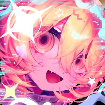 1girl blonde_hair blush collar crossed_bangs don_quixote_(project_moon) fang head_tilt highres index_(identity)_(project_moon) limbus_company looking_at_viewer open_mouth portrait project_moon skin_fang smile solo sparkle yellow_eyes yuchan_00001