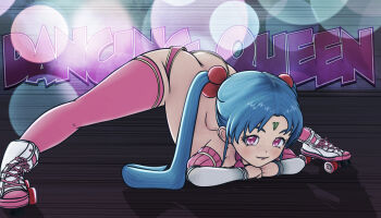 1girl 3d blue_hair blush collar earrings facial_mark female_focus forehead_mark freckles hair_bobbles hair_ornament highres indoors jack-o'_challenge jack-o'_challenge jewelry kyoshourz loli long_hair looking_at_viewer masaki_sasami_jurai pink_eyes roller_skates skates solo tenchi_muyou! twintails very_long_hair waitress