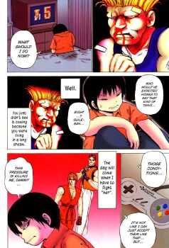 10s 1990s_(style) bad_end bandaid bed black_gloves bloated blood cable capcom comic continue controller curtains defeat dog_tags dougi english_text fingerless_gloves game_console game_controller gamepad gloves guile hard-translated high_score_girl highres indoors injury karate_gi looking_at_viewer muscular nintendo official_art official_style ponytail retro_artstyle robert_garcia room ryou_sakazaki ryuuko_no_ken scan shirt smile snk street_fighter super_famicom sweatdrop television third-party_edit traditional_media vest video_game wavy_mouth yaguchi_haruo