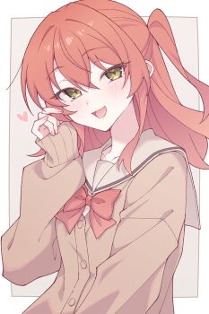 1girl blush bocchi_the_rock! border bow bowtie brown_cardigan cardigan commentary e20 green_eyes grey_background hair_between_eyes highres kita_ikuyo long_hair long_sleeves one_side_up open_mouth outside_border puffy_long_sleeves puffy_sleeves red_bow red_bowtie red_hair school_uniform serafuku shuka_high_school_uniform sidelocks sleeves_past_wrists solo upper_body white_border