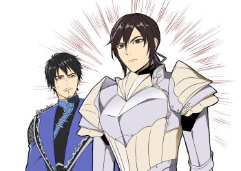 2boys armor beard black_hair blue_jacket brown_hair chinese_clothes facial_hair goatee highres igusaharu jacket looking_at_another low_ponytail male_focus mandarin_collar multiple_boys mustache pauldrons ponytail shin_sangoku_musou shin_sangoku_musou_origins short_hair shoulder_armor sweatdrop twitter_username upper_body white_armor xun_you_(shin_sangoku_musou) xun_yu_(shin_sangoku_musou)