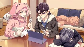 Rule 34 | 5girls, absurdres, bang dream!, bang dream! it's mygo!!!!!, bed, black hair, blue shirt, brown hair, chihaya anon, closed eyes, collarbone, commentary, couch, doki (oox3o), grey eyes, grey hair, hair between eyes, highres, holding, holding scissors, holding stylus, hood, hood down, hood up, indoors, kaname raana, long hair, multiple girls, mygo!!!!! (bang dream!), nagasaki soyo, onesie, open mouth, pajamas, pillow, pink hair, purple eyes, raana the cat, scissors, shiina taki, shirt, short hair, sleeping, stylus, tablet pc, takamatsu tomori, white hair