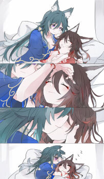 2girls absurdres animal_ear_fluff animal_ears blue_shirt bracelet brown_hair closed_eyes closed_mouth cradling_head fox_ears fox_girl fud green_hair hand_on_another&#039;s_face hand_on_own_face highres honkai:_star_rail honkai_(series) jewelry kiss multiple_girls on_bed pillow purple_eyes shirt sleeping tingyun_(honkai:_star_rail) yukong_(honkai:_star_rail) yuri zzz
