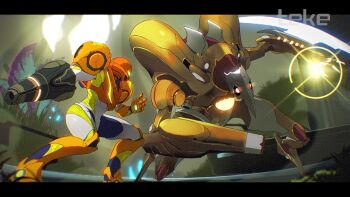 1girl arm_cannon armor green_visor metroid metroid_dread nintendo power_suit_(metroid) red_eyes robot_chozo_soldier samus_aran shoulder_armor shoulder_blades teke varia_suit weapon