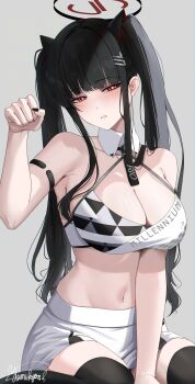 1girl absurdres alternate_costume alternate_hairstyle bare_shoulders black_hair black_nails black_thighhighs blue_archive blush breasts bright_pupils cleavage commentary_request detached_collar grey_background hair_ornament hairclip halo hand_up highres large_breasts looking_at_viewer midriff nail_polish navel parted_lips paw_pose red_eyes rio_(blue_archive) signature simple_background sitting skirt solo stomach thighhighs twintails wariza white_pupils white_skirt yamikyon