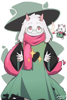 1boy absurdres animal_ears blush commentary dated deltarune doobie_ralsei_(meme) english_commentary floppy_ears furry furry_male goat_boy goat_ears goat_horns green_robe hands_on_own_hips highres horns looking_at_viewer male_focus meme pink_scarf ralsei robe round_eyewear scarf signature smile sparkle utdr_(toby_fox) white_fur zhymao