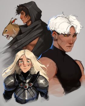 1girl 1other 2boys abs armor black_cloak black_eyes black_hair blonde_hair cloak cougar crew_neck dark-skinned_male dark_skin earrings green_eyes grey_background highres hood hood_up hoop_earrings jewelry looking_at_viewer messy_hair mole mole_under_eye multiple_boys nipples orange_eyes original sam_yang serious short_hair simple_background stud_earrings toned toned_male upper_body war_paint