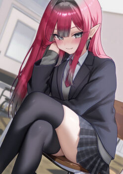 1girl baobhan_sith_(fate) black_jacket black_skirt black_thighhighs blush breasts collared_shirt commentary_request earrings fate/grand_order fate_(series) grey_eyes grey_sweater highres jacket jewelry katashiro large_breasts long_hair long_sleeves looking_at_viewer necktie pink_hair pointy_ears shirt sidelocks sitting skirt smile solo sweater thighhighs thighs white_shirt