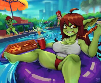 4girls ahoge bad_link breasts collarbone cup eating eyelashes female_goblin food goblin grin highres holding holding_cup holding_food holding_pizza large_breasts looking_to_the_side multiple_girls panties pizza pointy_ears pool red_panties running sharp_teeth shortstack smile spread_legs swim_ring tank_top teeth twistingtoxic underwear water_gun yellow_eyes