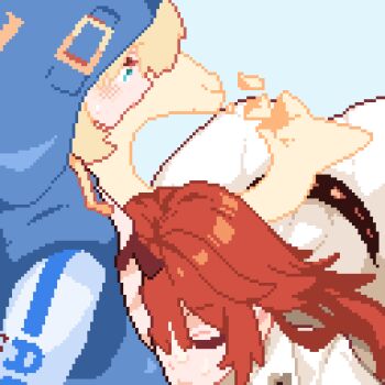 1boy 1girl animated animated_gif blonde_hair bridget_(guilty_gear) broken_halo closed_eyes cum cum_on_body facial fellatio guilty_gear guilty_gear_strive halo jack-o&#039;_valentine looping_animation momiahair oral pixel_art red_hair simple_background