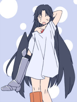 1girl arm_behind_head arm_cannon arm_up armored_boots black_hair black_wings blue_background blush boots collarbone commentary_request control_rod_(touhou) grey_shirt knees long_hair lowres one_eye_closed open_mouth rangycrow reiuji_utsuho shirt single_off_shoulder solo third_eye_on_chest touhou weapon wings |_|