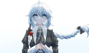 Rule 34 | 01-0011001, 1girl, ahoge, blue background, blue eyes, bow, braid, chinese commentary, collared dress, commentary request, cross, dress, gradient background, hair between eyes, hair bow, hair flowing over, highres, honkai (series), honkai impact 3rd, jewelry, kallen kaslana, long braid, long hair, long sleeves, looking at viewer, own hands together, pendant, single braid, solo, upper body, white hair