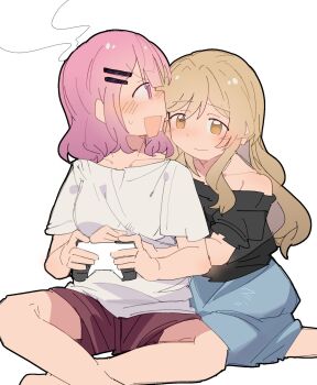 2girls amaori_renako bare_shoulders barefoot black_shirt blue_skirt blush brown_eyes brown_hair closed_mouth commentary controller game_controller gamepad head_steam highres holding holding_controller holding_game_controller hug hug_from_behind medium_hair multiple_girls nimingduz off-shoulder_shirt off_shoulder pink_eyes pink_hair purple_shorts sena_ajisai shirt short_sleeves shorts simple_background skirt sweat symbol-only_commentary watashi_ga_koibito_ni_nareru_wake_naijan_murimuri! white_background white_shirt yuri