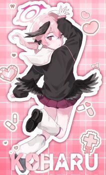 1girl arm_up black_bow black_shirt black_shoes black_wings blue_archive bow character_name closed_mouth commentary english_commentary feathered_wings floating_hair from_behind full_body hair_bow halo head_wings heart highres hyuji_0w0 kneehighs koharu_(blue_archive) long_hair looking_at_viewer looking_back loose_socks low_wings miniskirt missing_headwear outline pill pink_background pink_hair pink_halo pleated_skirt red_skirt sailor_collar sailor_shirt school_uniform serafuku shirt shoe_soles shoes simple_background skirt sleeves_past_wrists socks solo standing standing_on_one_leg twintails white_outline white_sailor_collar white_socks winged_halo wings
