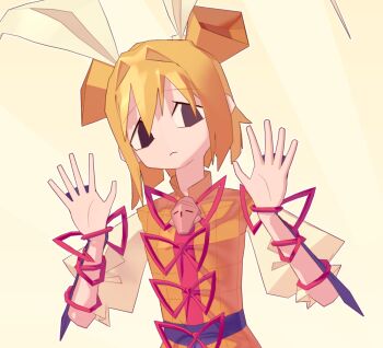 1girl 3d blender_(medium) blonde_hair bow brown_eyes closed_mouth commentary_request double_bun expressionless guuchama hair_bow hair_bun hair_intakes joutouguu_mayumi looking_at_viewer puffy_short_sleeves puffy_sleeves shirt short_hair short_sleeves solo touhou upper_body vest waving white_bow white_shirt yellow_background yellow_vest