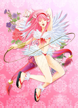 1girl arm_behind_head armpits back_bow bangle bikini black_sandals bow bracelet bracer commentary_request feather_trim feathered_wings fingernails flower full_body hairband holding holding_whip jewelry jumping large_bow long_hair looking_at_viewer navel open_mouth pink_background pink_eyes pink_hair purple_flower rabbit_earmuffs ragnarok_online red_bikini red_bow red_flower red_hairband red_nails sandals smile solo swimsuit toenails waganeya wanderer_(ragnarok_online) white_flower white_wings wings