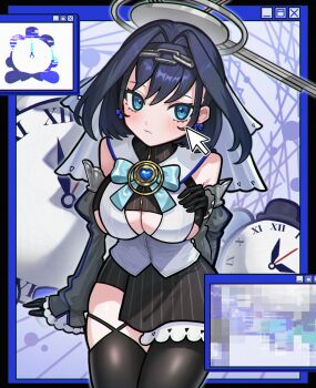 Rule 34 | 1girl, absurdres, black gloves, black shirt, black skirt, black thighhighs, blue bow, blue bowtie, blue eyes, blue hair, bow, bow earrings, bowtie, breasts, brooch, chain, chain headband, cleavage cutout, clothing cutout, crop top, cropped shirt, cursor, detached sleeves, earrings, frilled skirt, frilled sleeves, frills, gloves, grey sleeves, hair between eyes, hair intakes, half-skirt, halo, heart, heart-shaped gem, heart brooch, highres, hololive, hololive english, jewelry, juliet sleeves, kronie (ouro kronii), large breasts, long sleeves, looking at viewer, mechanical halo, medium hair, miniskirt, ouro kronii, ouro kronii (1st costume), outside border, pinstripe pattern, pinstripe shirt, pinstripe skirt, puffy sleeves, roman numeral, sailor collar, shirt, short hair, skirt, sleeveless, sleeveless shirt, thighhighs, user nset2884, virtual youtuber, white sailor collar, white shirt, window (computing)