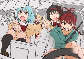 4girls akemi_homura black_bow black_hair black_socks blonde_hair blue_eyes blue_hair bow brown_shoes car_interior commentary_request dress dress_bow drill_hair driving fang food food_in_mouth green_hoodie hair_bow hair_ornament hair_ribbon hairband hairclip high_collar highres hood hoodie kneehighs knees_up leaning_forward long_hair long_sleeves looking_at_viewer mahou_shoujo_madoka_magica medium_hair miki_sayaka mitakihara_school_uniform multiple_girls open_mouth pocky pocky_in_mouth pointing pointing_at_viewer rate11717991 red_bow red_eyes red_hair red_hairband red_ribbon ribbon sakura_kyoko scared school_uniform seatbelt shoes shouting socks steering_wheel sweat sweatdrop tearing_up teeth tomoe_mami twin_drills yellow_dress